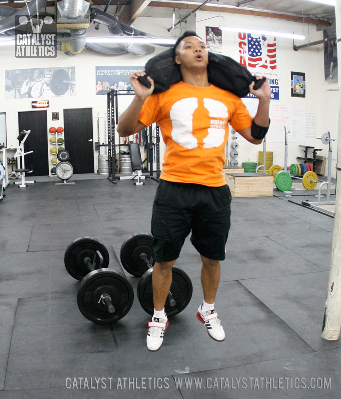 Ray sandbag jump squat - Olympic Weightlifting, strength, conditioning, fitness, nutrition - Catalyst Athletics 