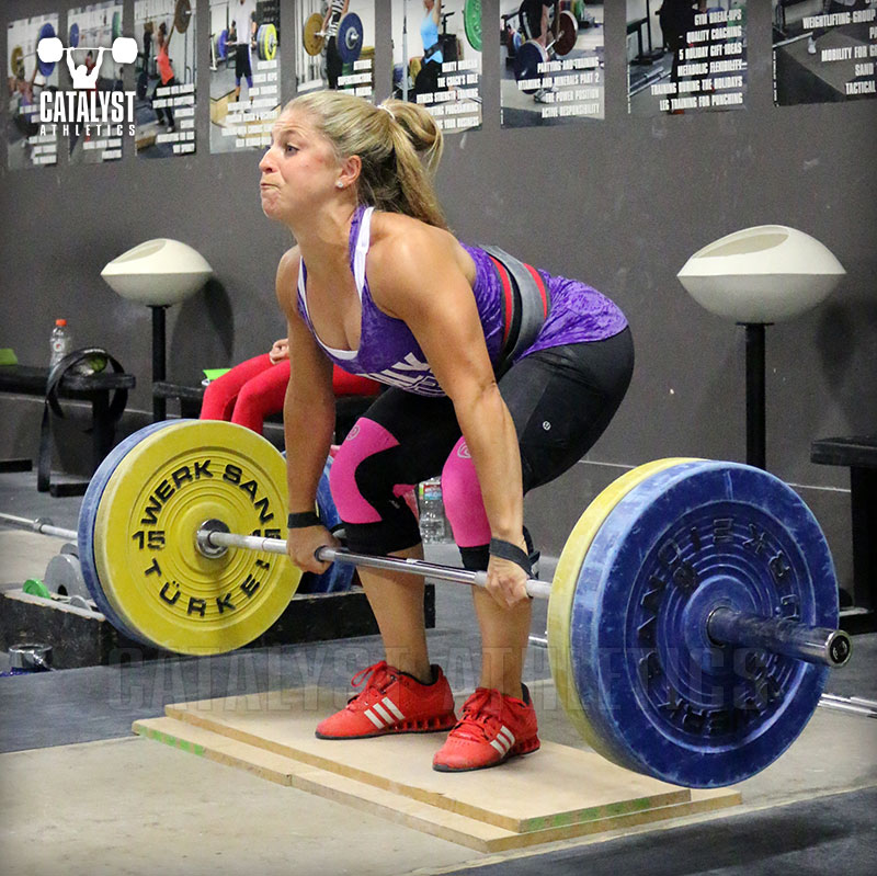 Danielle clean pull on riser - Olympic Weightlifting, strength, conditioning, fitness, nutrition - Catalyst Athletics 