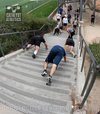 Backward bear crawl upstairs - Olympic Weightlifting, strength, conditioning, fitness, nutrition - Catalyst Athletics